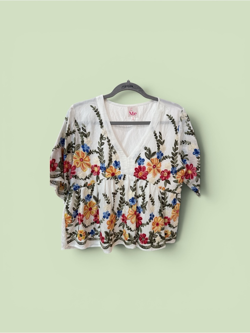 ME Makeover Essentials White Floral Embroidered V-Neck Peplum Blouse